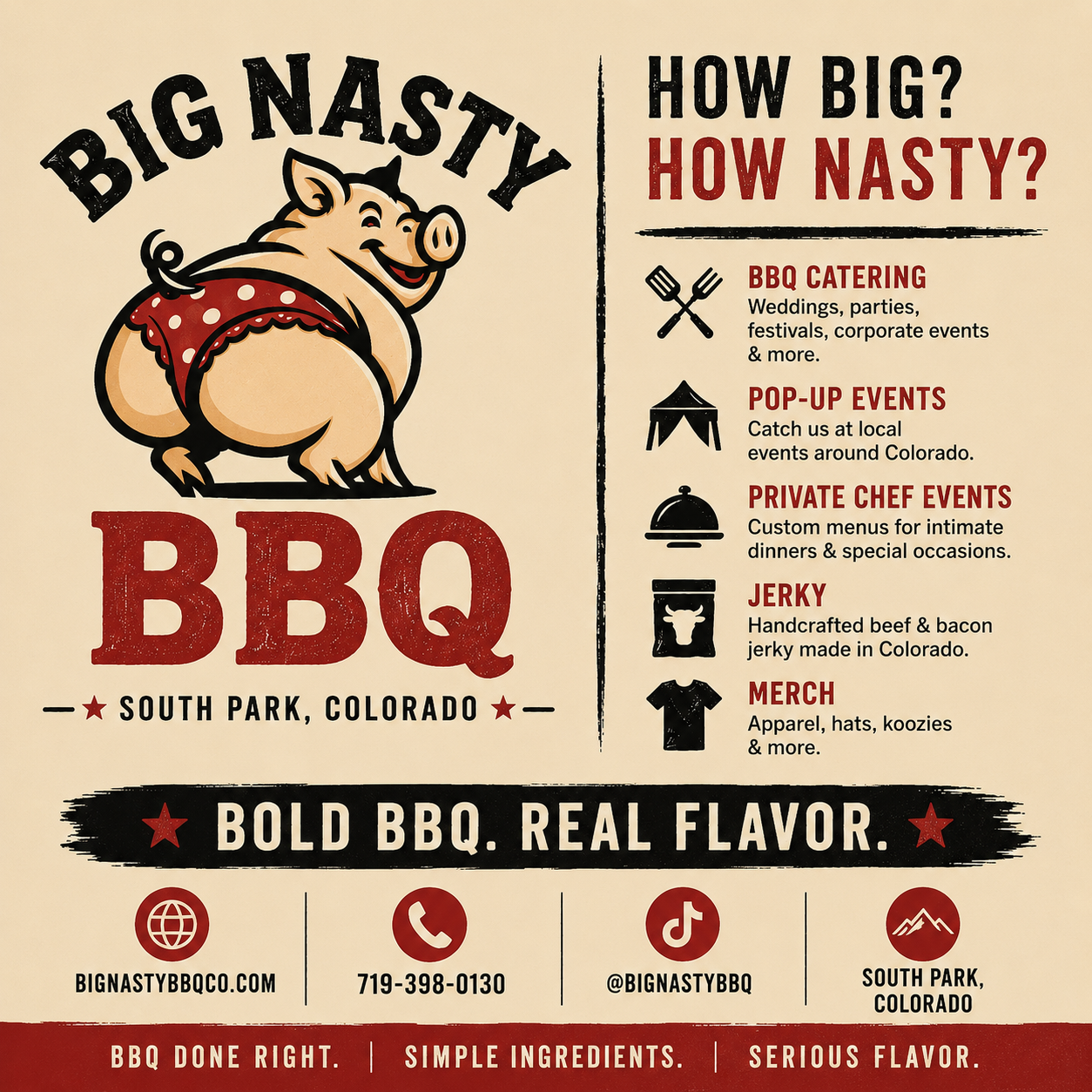 Big Nasty BBQ — How big? How nasty? Catering, pop-up events, private chef events, jerky and merch in South Park, Colorado